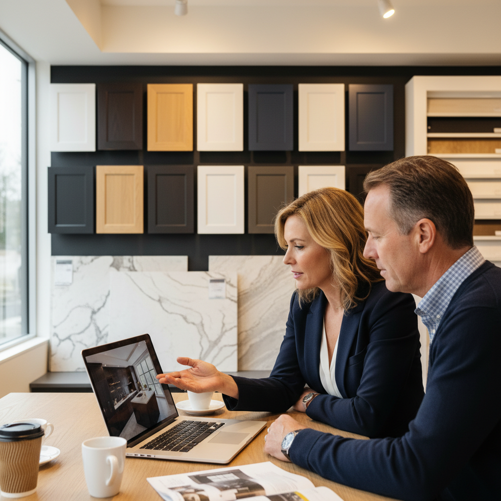 Kitchen Makeovers: Avoid Costly Mistakes in 2026 Now 2 Kitchen designer reviewing a 3D kitchen design with homeowners during a custom renovation consultation