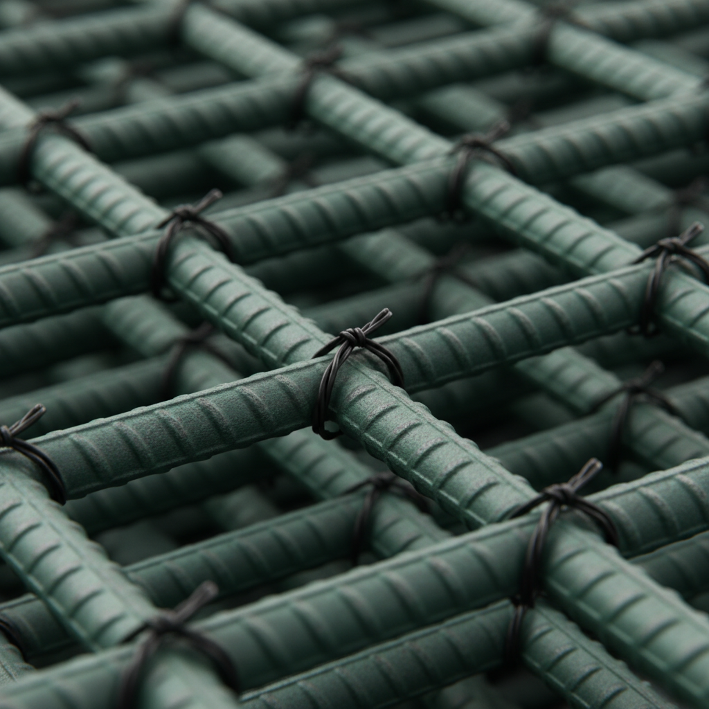 Close-up of epoxy-coated concrete rebar showing ribbed texture and ties for corrosion-resistant reinforcement