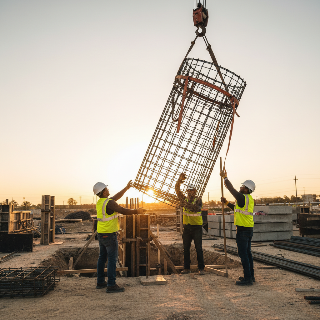 Rebar cage for a concrete column being guided into position on site, showing proper rigging and alignment checks