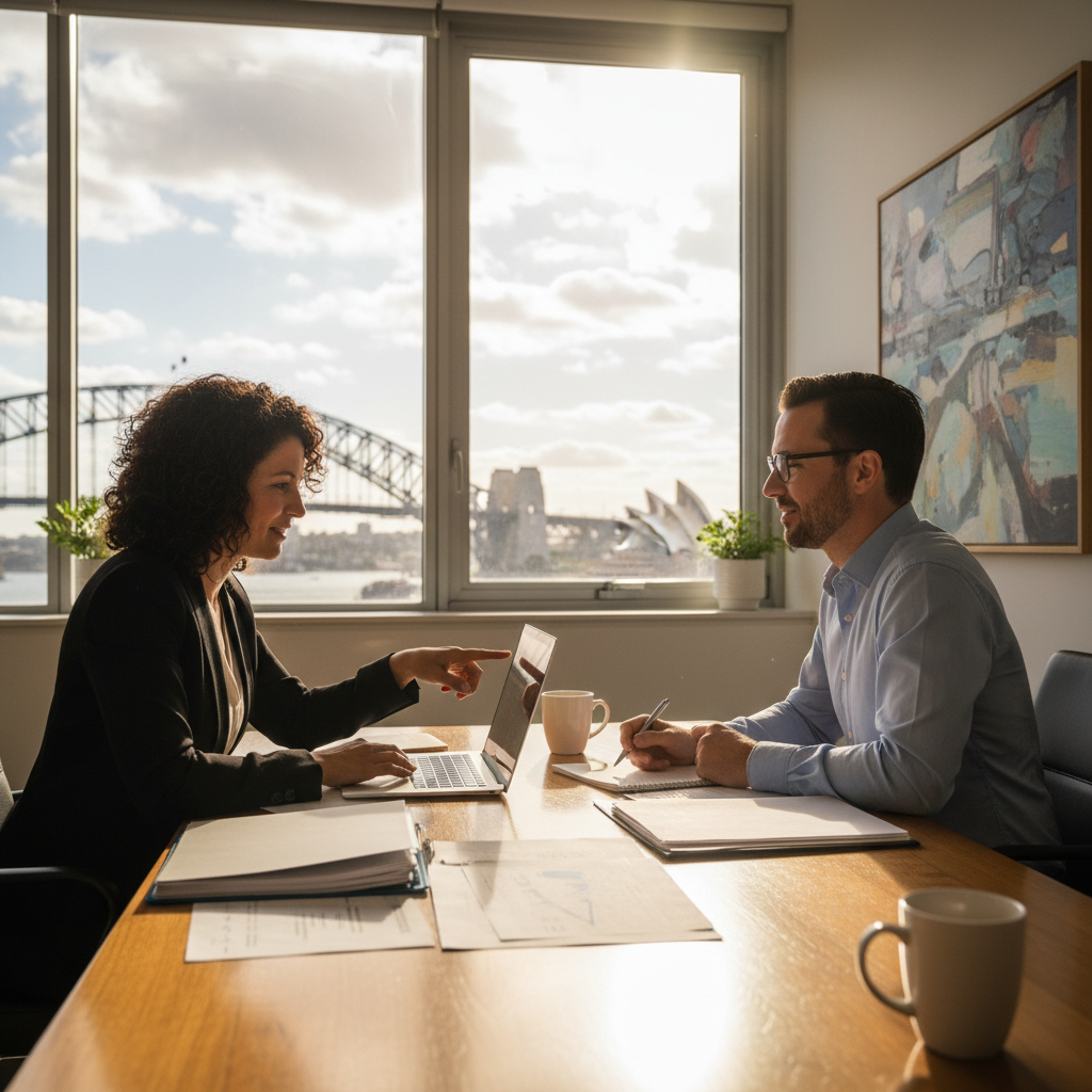 Sydney small business owner meeting a tax consultant in an office to plan BAS and payroll STP tasks