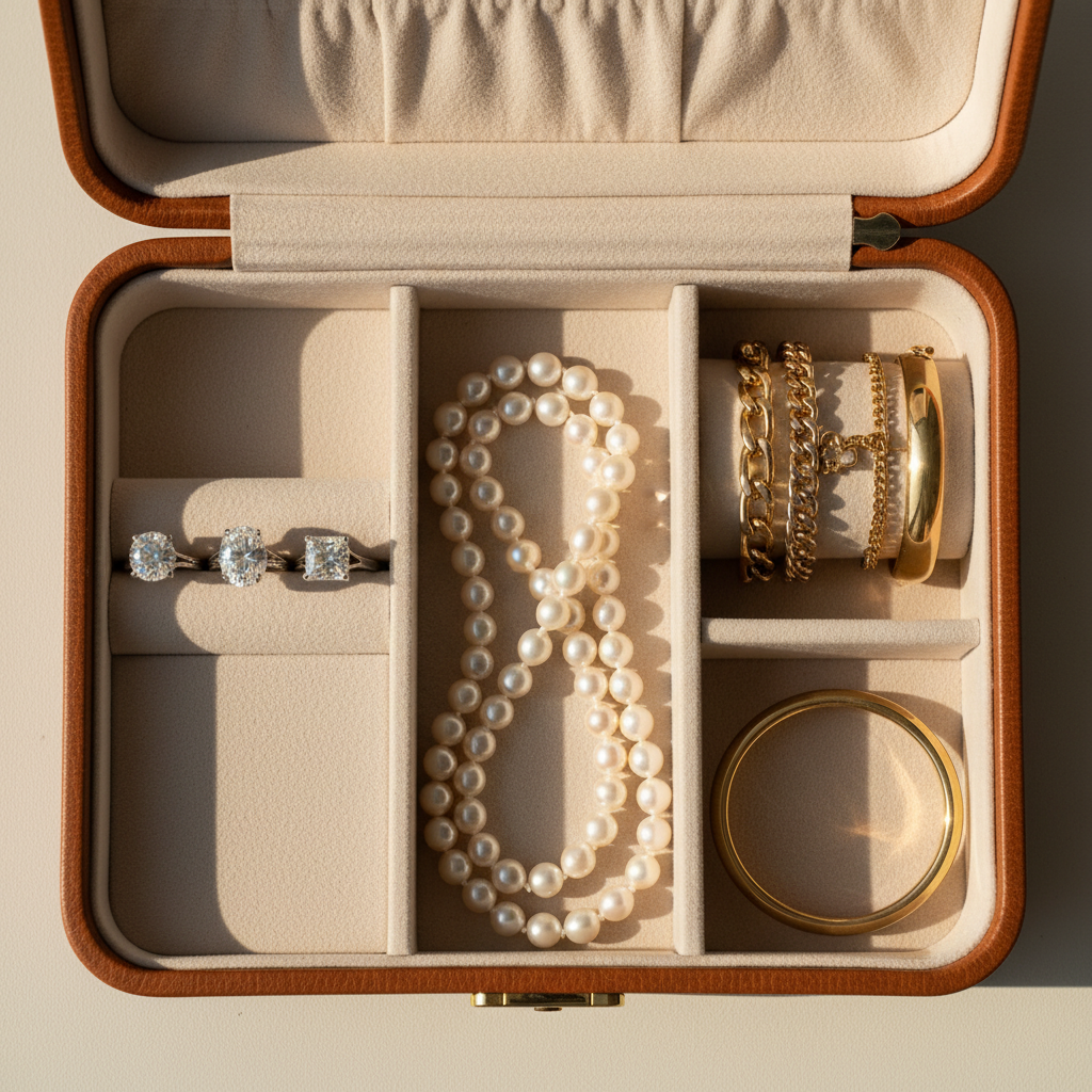Top-down view of proper pearl jewelry storage in a suede-lined travel case with separate compartments away from diamond rings and bracelets