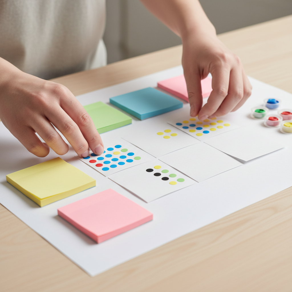 Close-up of organizing a project management alumni network plan with sticky notes and color-coded dots