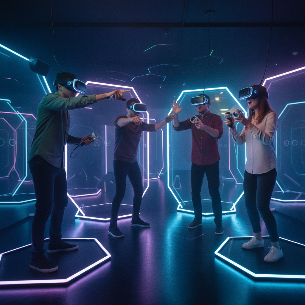Group collaborating in a VR escape room at a VR arcade near Old East Village London Ontario