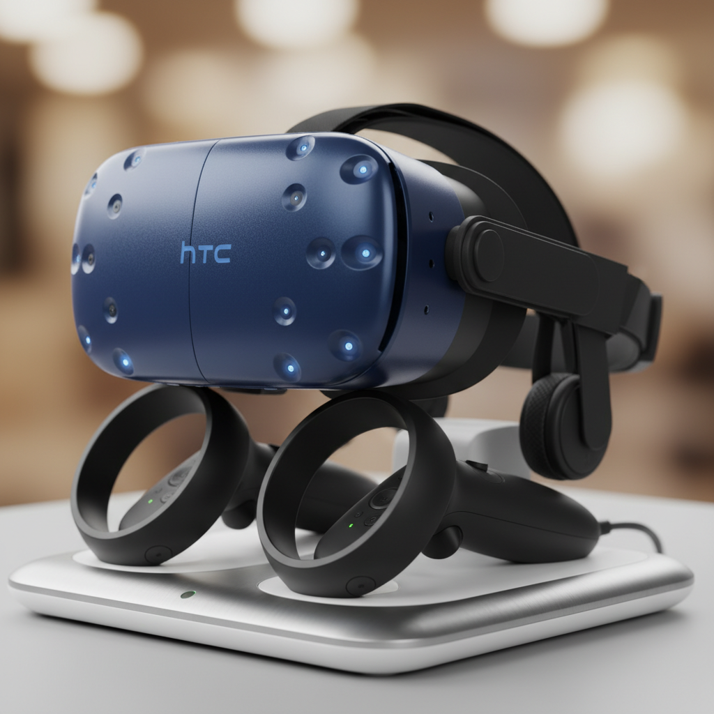 Close-up of HTC Vive Pro headset and motion controllers used at a VR gaming arcade in London Ontario
