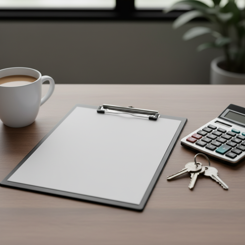 Close-up of a mortgage checklist, calculator, and house keys to help find a mortgage broker and organize documents for a home loan application