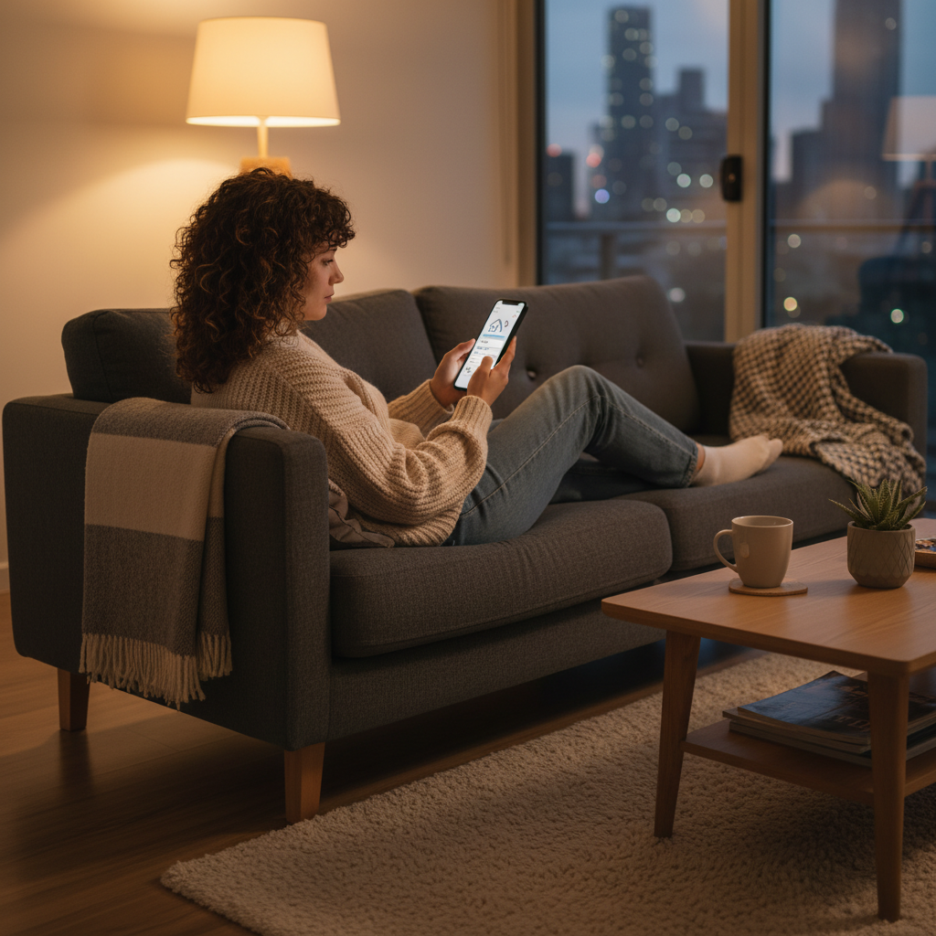 Using a smartphone to compare lenders and find a mortgage broker with a digital home loan application from the sofa