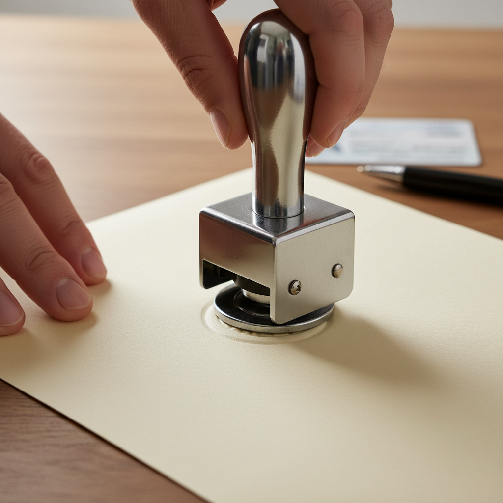 Close-up of notary embosser creating a raised seal on a legal document at an Etobicoke notary office