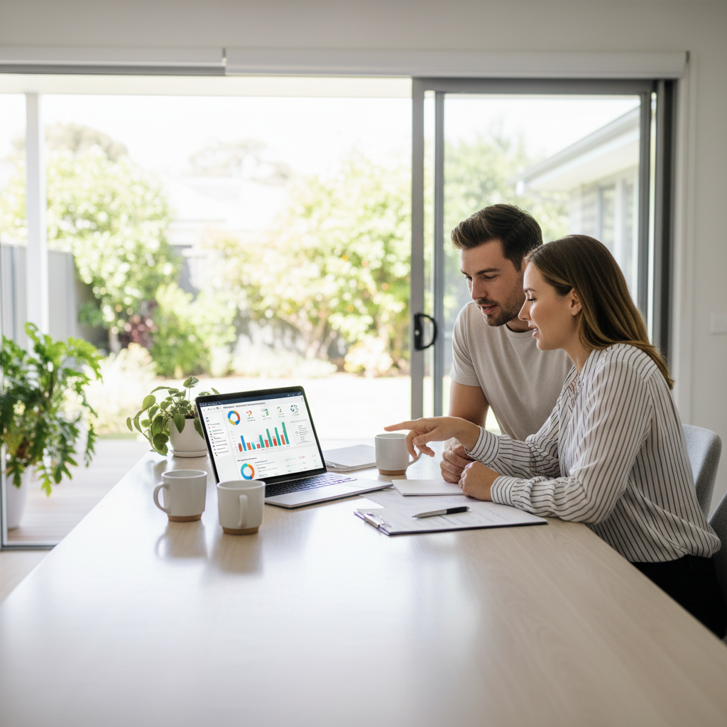 Friendly mortgage broker meeting with clients at a bright kitchen table to compare lenders and find a mortgage broker quickly