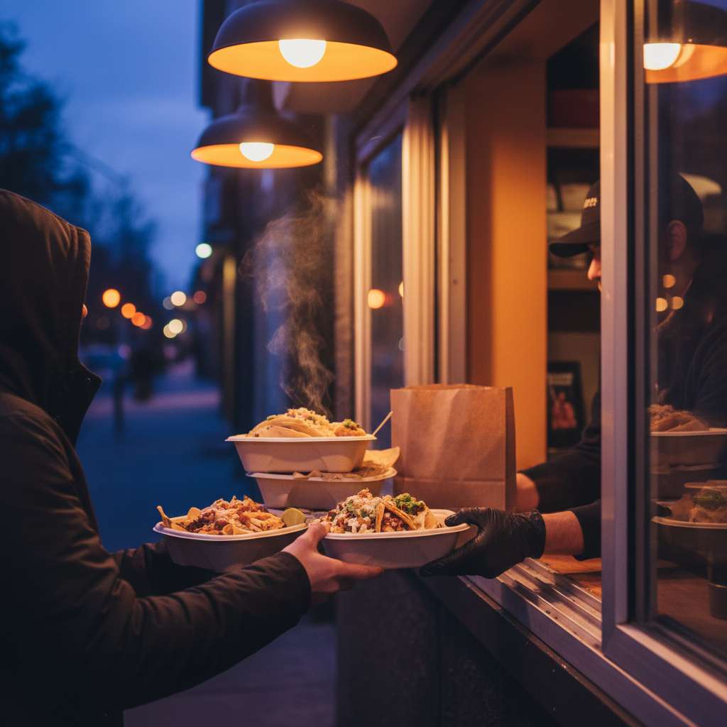 Evening takeout pickup scene handing over Mexican grill meals in eco-friendly packaging, ideal for group orders and catering