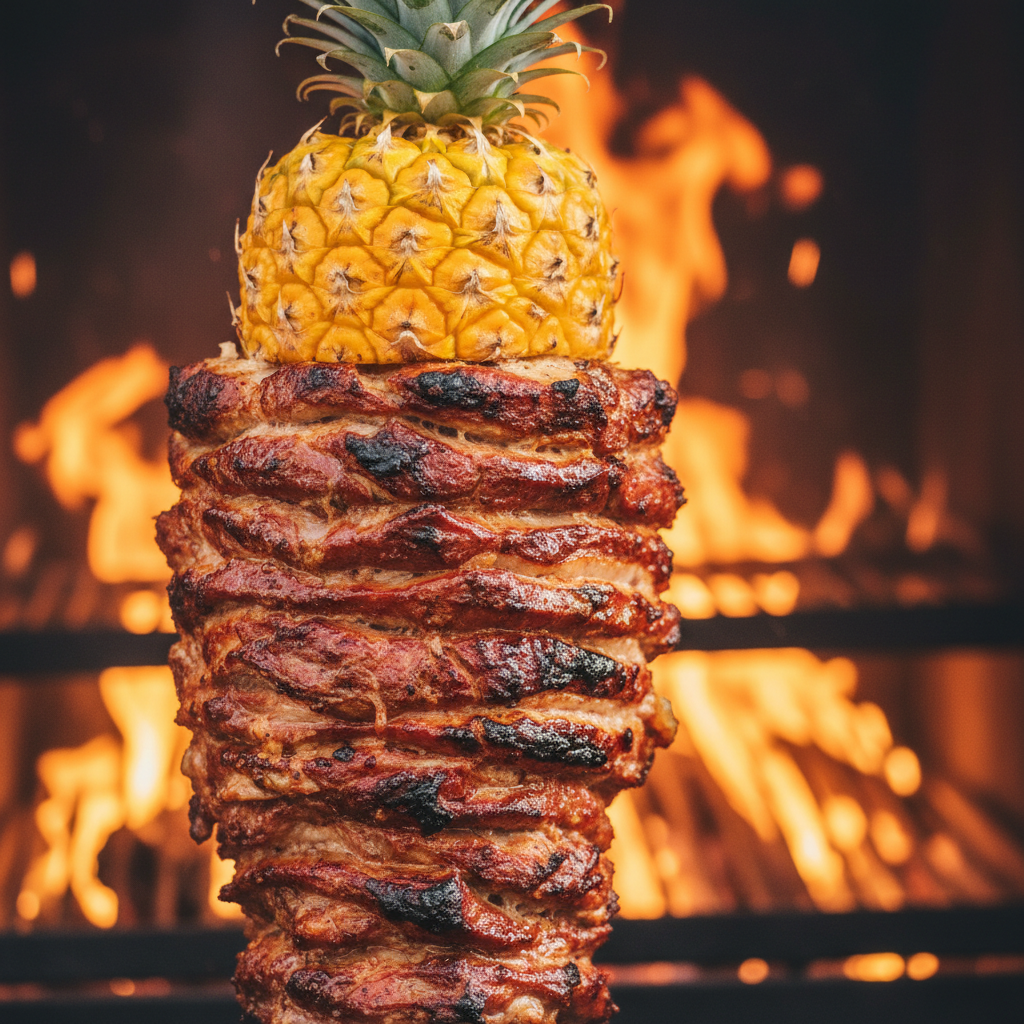 Close-up of authentic tacos al pastor roasting on a vertical spit with caramelized edges and pineapple, a hallmark of popular Mexican grill entrees