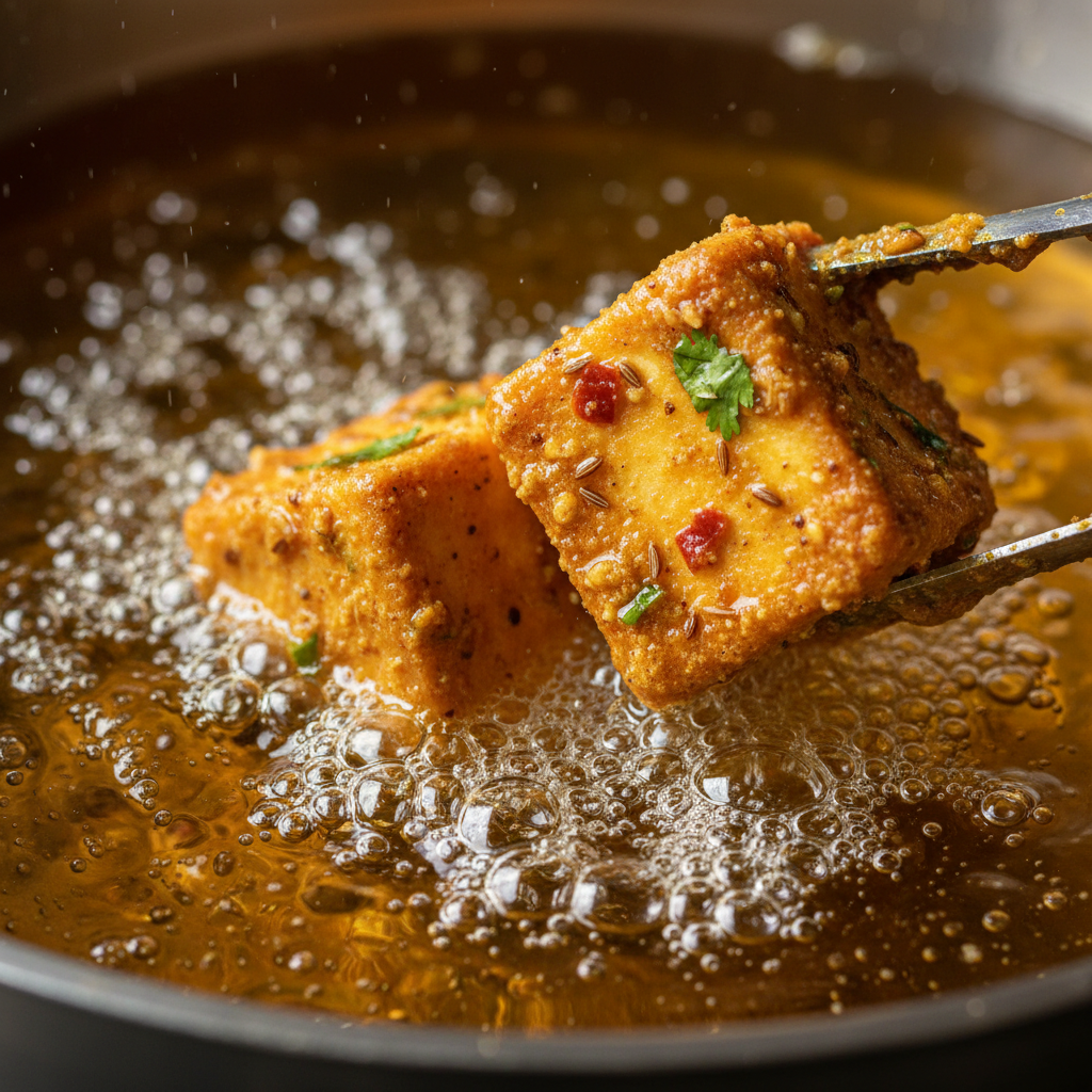 Close-up of paneer pakora preparation: paneer cubes dipped in spiced besan batter for a golden, crispy fry
