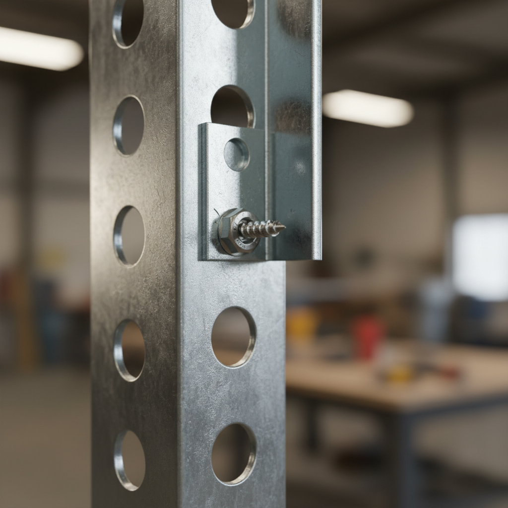 Close-up of light gauge steel stud and connector screw used in framing using metal studs