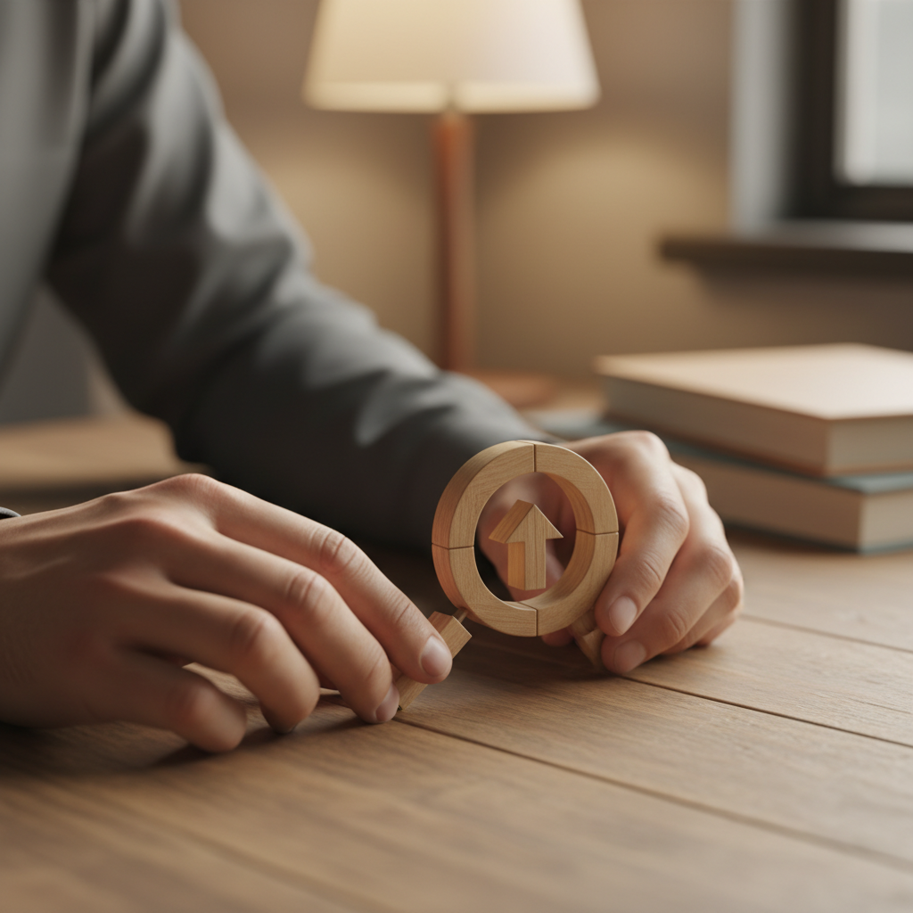 Close-up detail of hands arranging wooden blocks into a magnifying glass and arrow, symbolizing organic SEO services and search growth