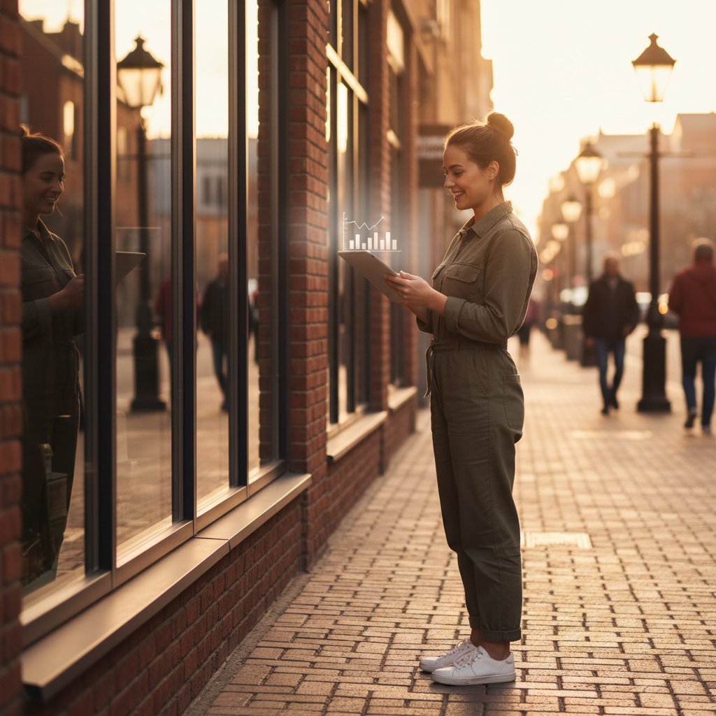 Small business owner outside a storefront using a tablet, representing local SEO actions that drive foot traffic and calls