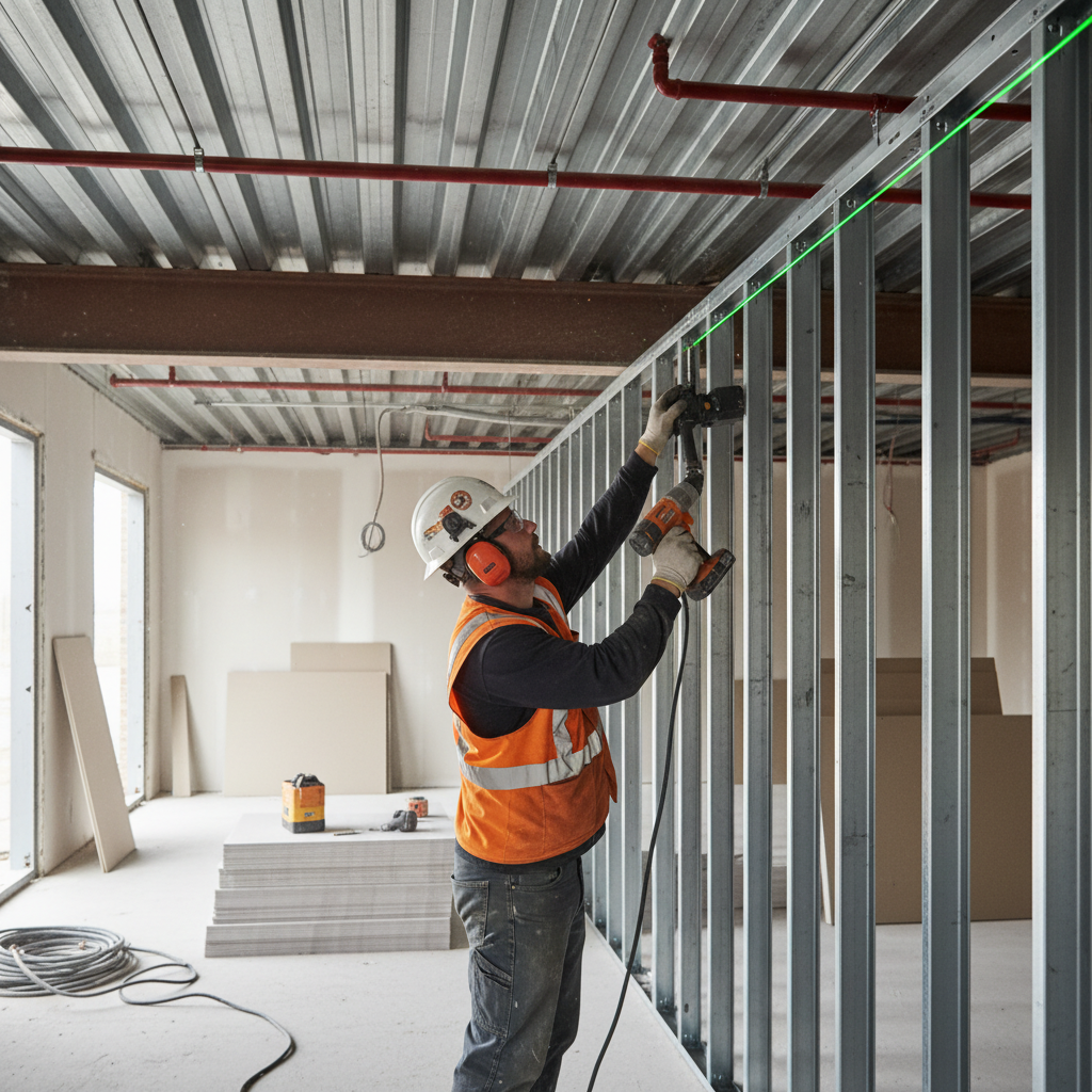 Installer setting slotted deflection track during framing using metal studs in a commercial interior