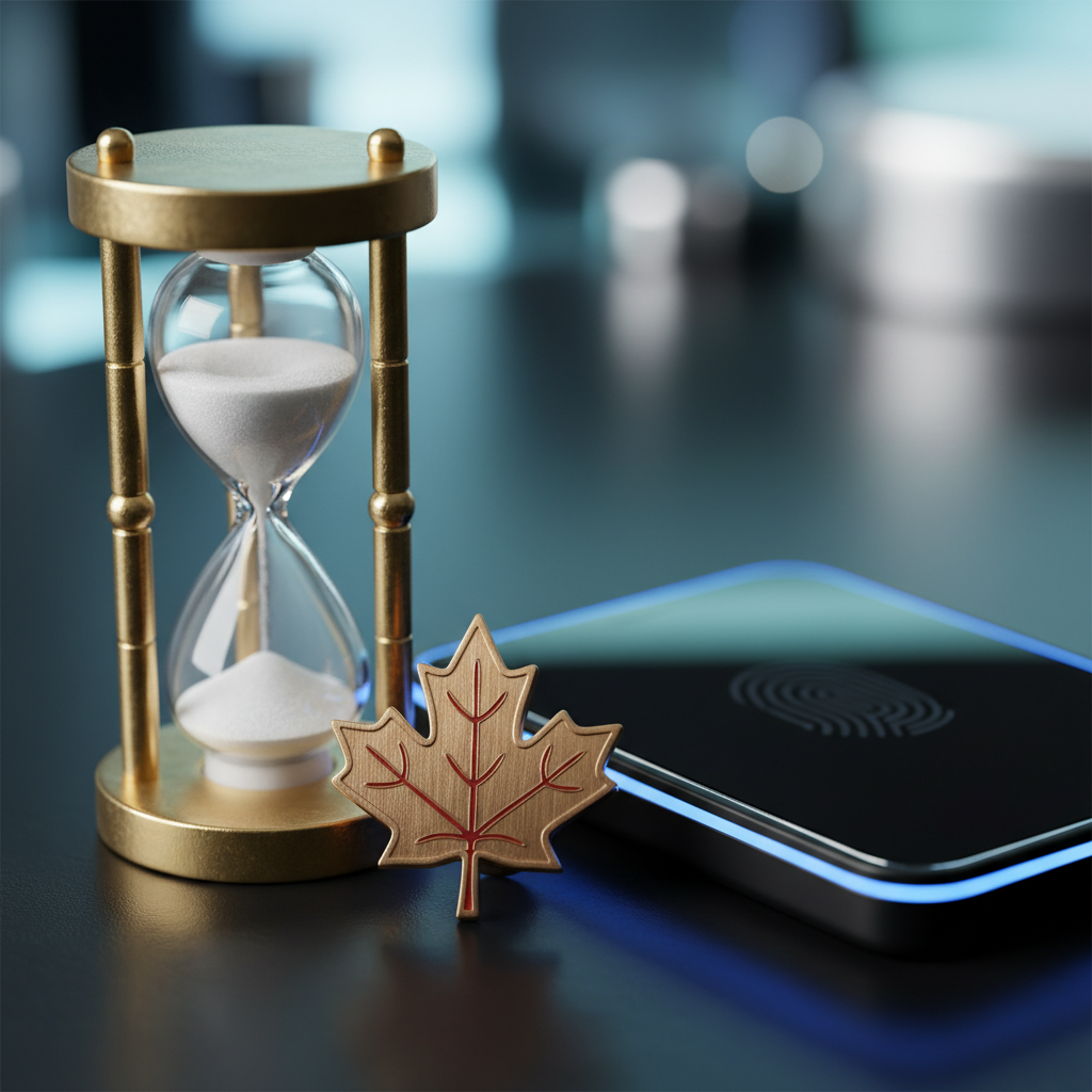 Close-up hourglass and maple leaf pin symbolizing Express Entry processing timeline steps in 2026