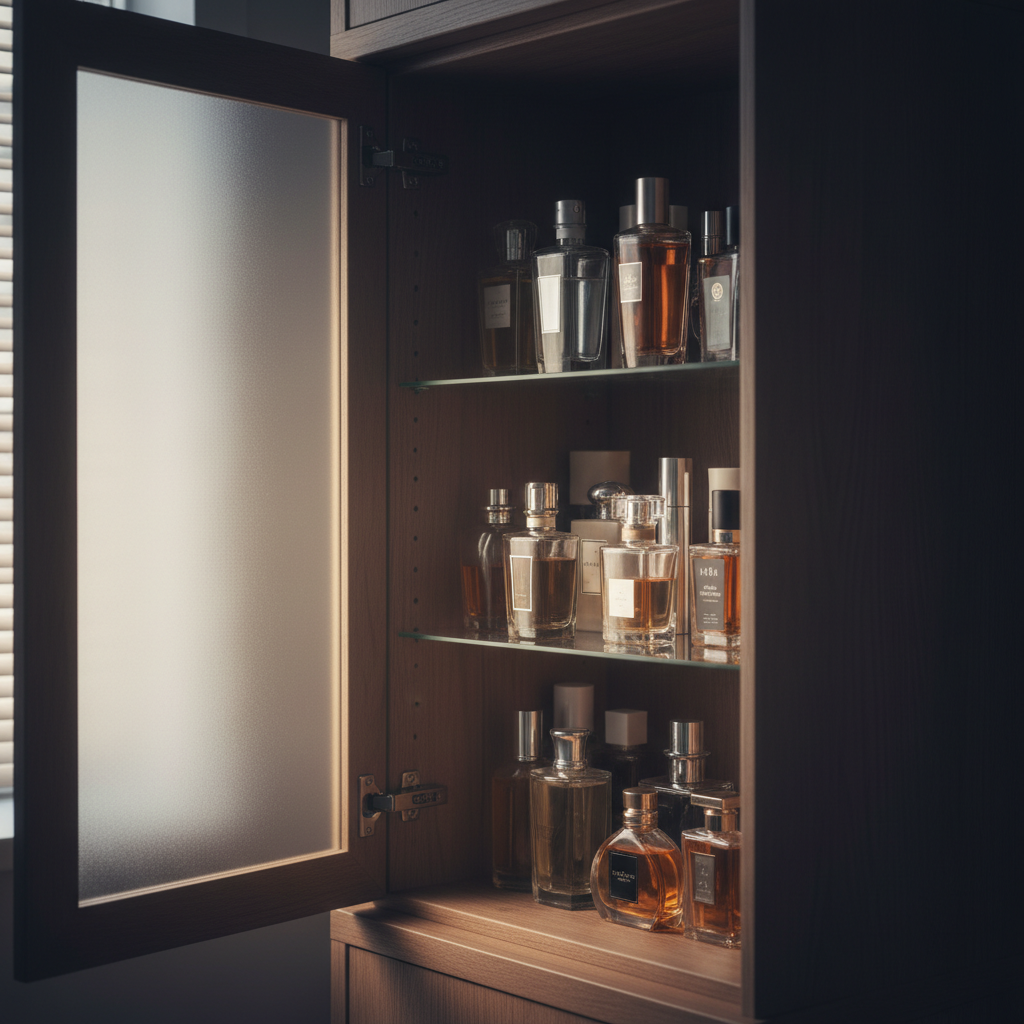 Fragrance bottles stored in a cool, dark cabinet to preserve perfume longevity and quality