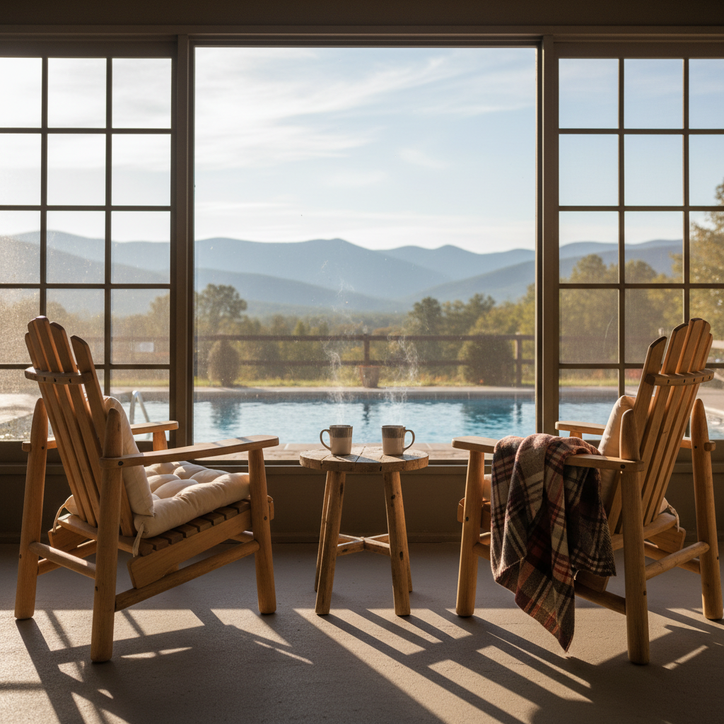 Enclosed porch seating at Briarcliff Motel with Adirondack chairs, mountain view, and seasonal heated pool — affordable lodging comfort in North Conway