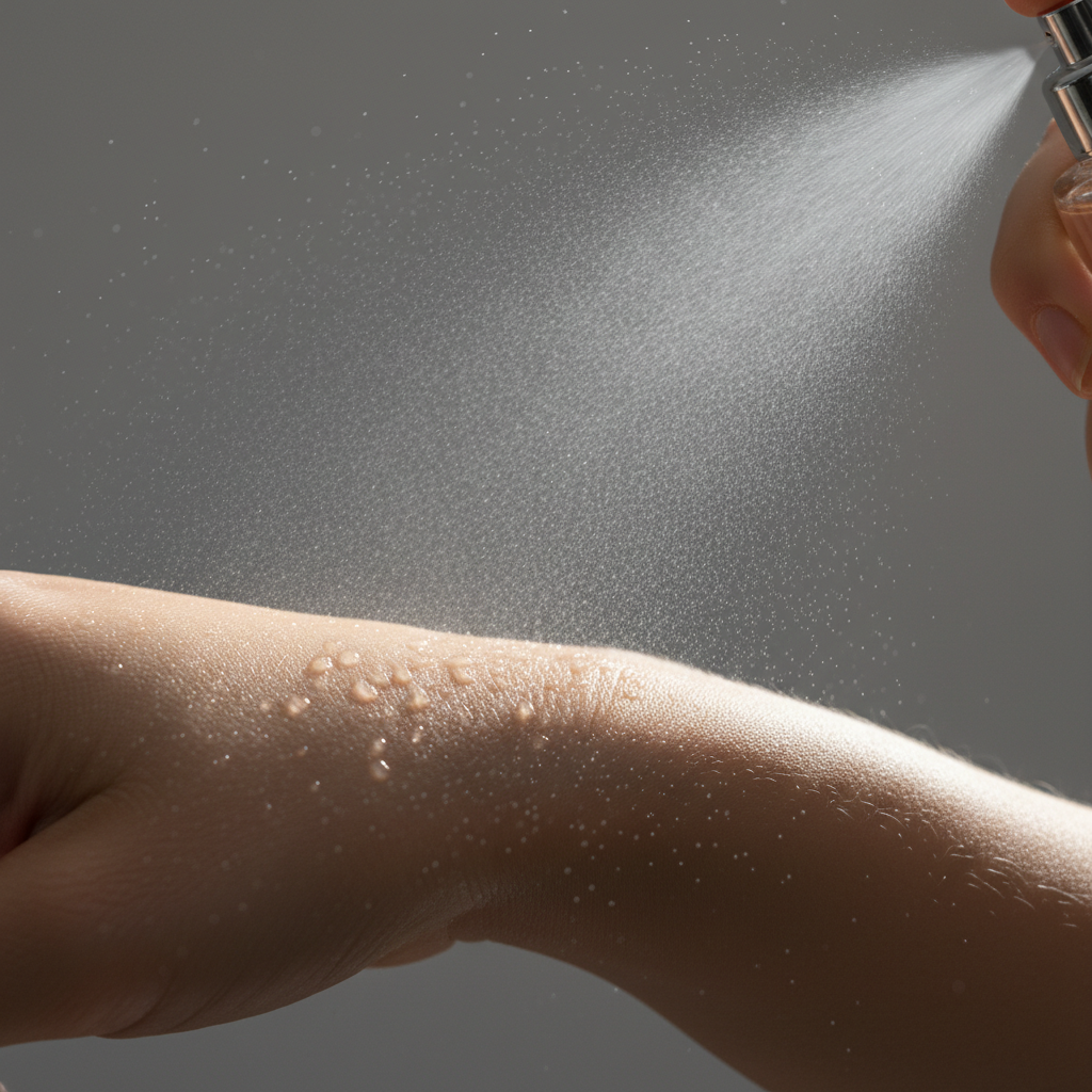 Close-up of perfume mist on a wrist pulse point, demonstrating how to apply eau de parfum for long-lasting wear