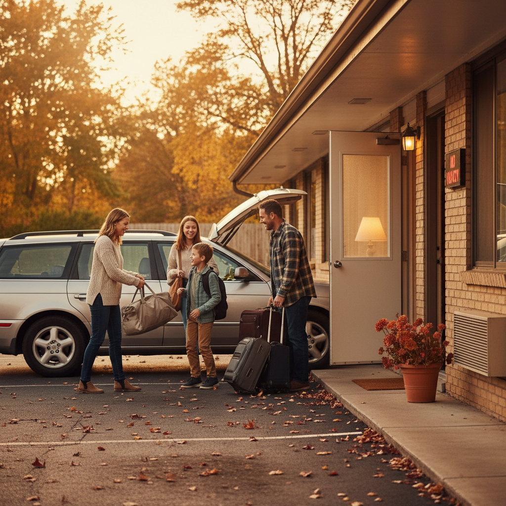 Family unloading luggage next to a ground-level Briarcliff Motel room with parking steps away — convenient North Conway lodging