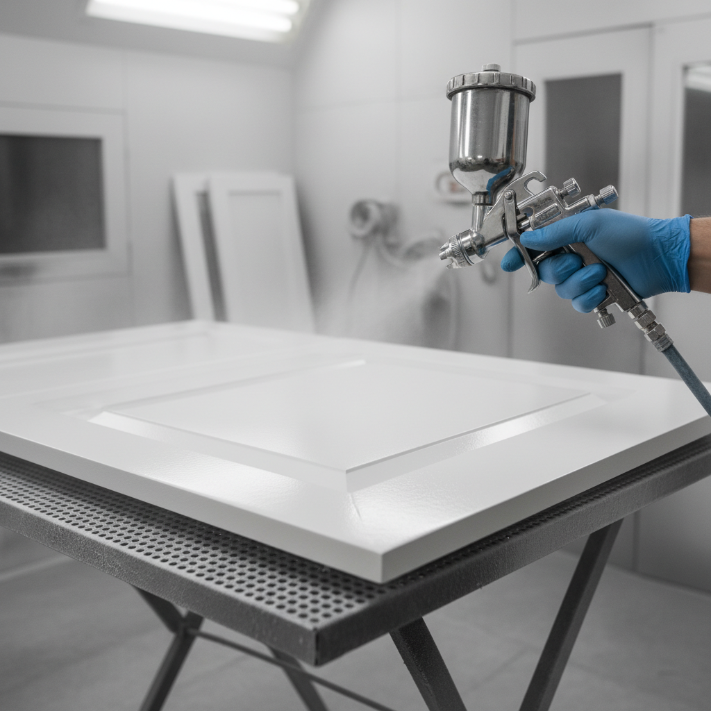 Full Home Renovation: Save Money and Stress Less in 2026 1 Factory spray booth finishing a shaker cabinet door during full home renovation manufacturing