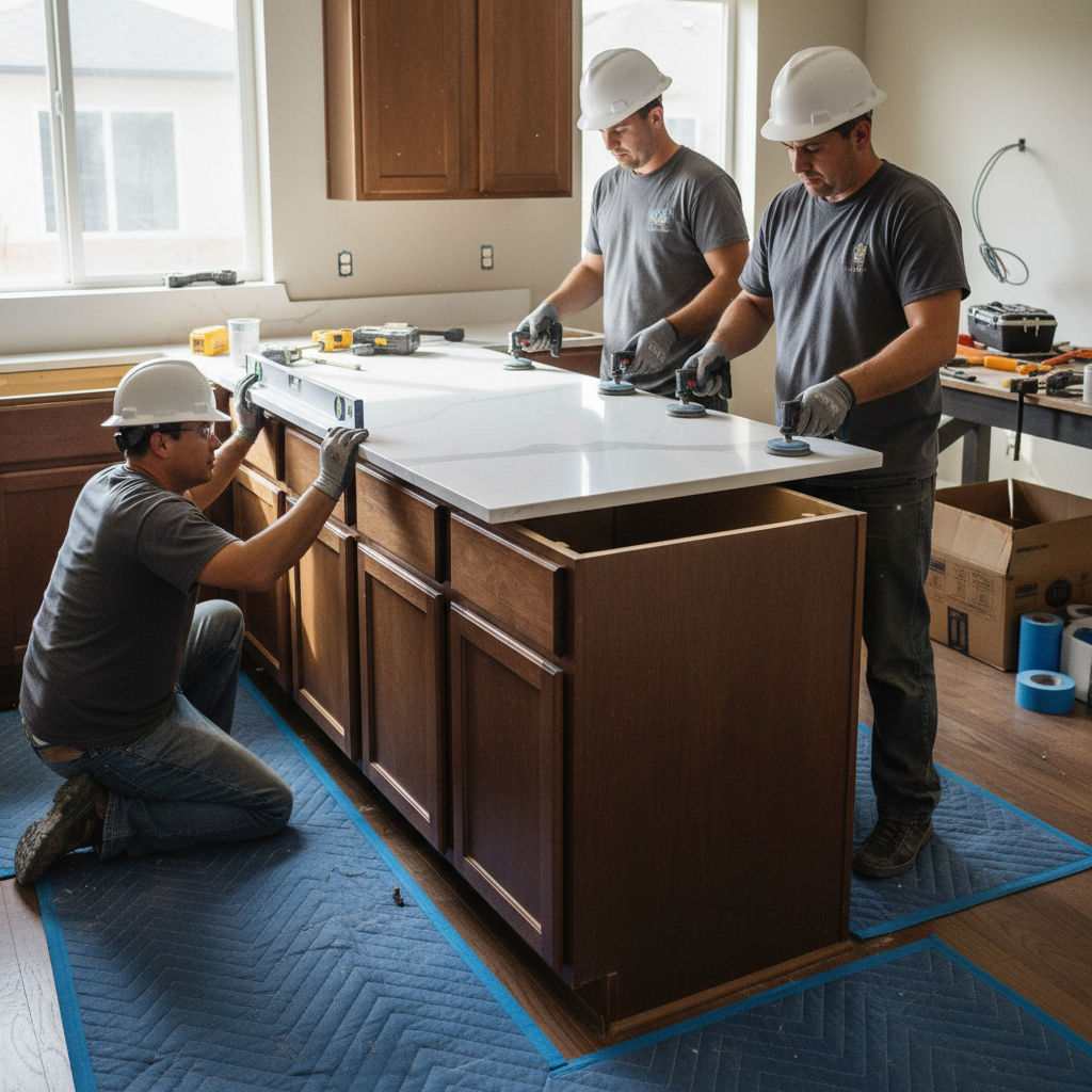Full Home Renovation: Save Money and Stress Less in 2026 2 Installers setting a quartz countertop on custom kitchen base cabinets during a full home renovation