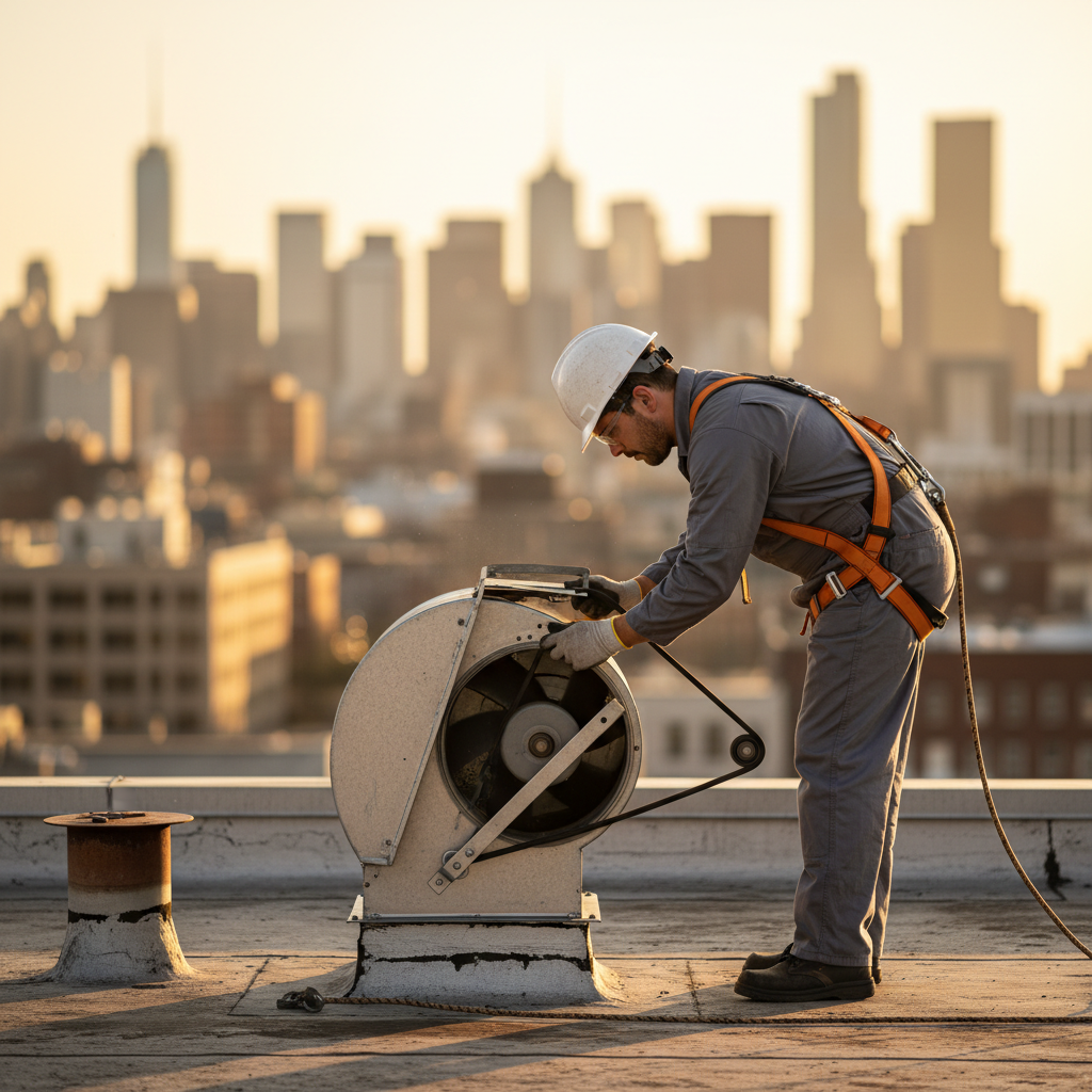 Technician servicing a rooftop exhaust fan and inspecting a fan belt during a commercial kitchen deep clean in Ontario