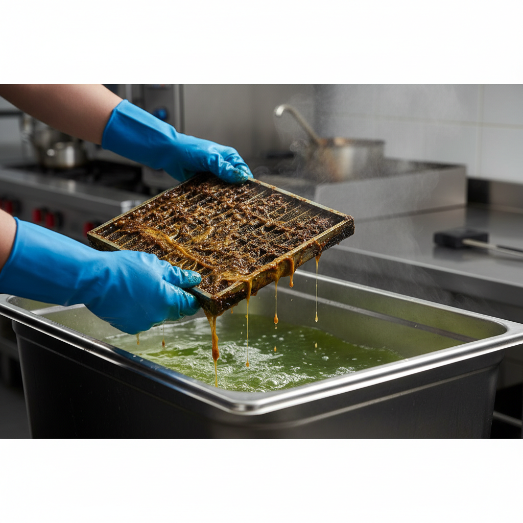 Close-up of baffle filter removal during a kitchen deep clean, showing degreaser soak tank and grease residue for professional hood cleaning