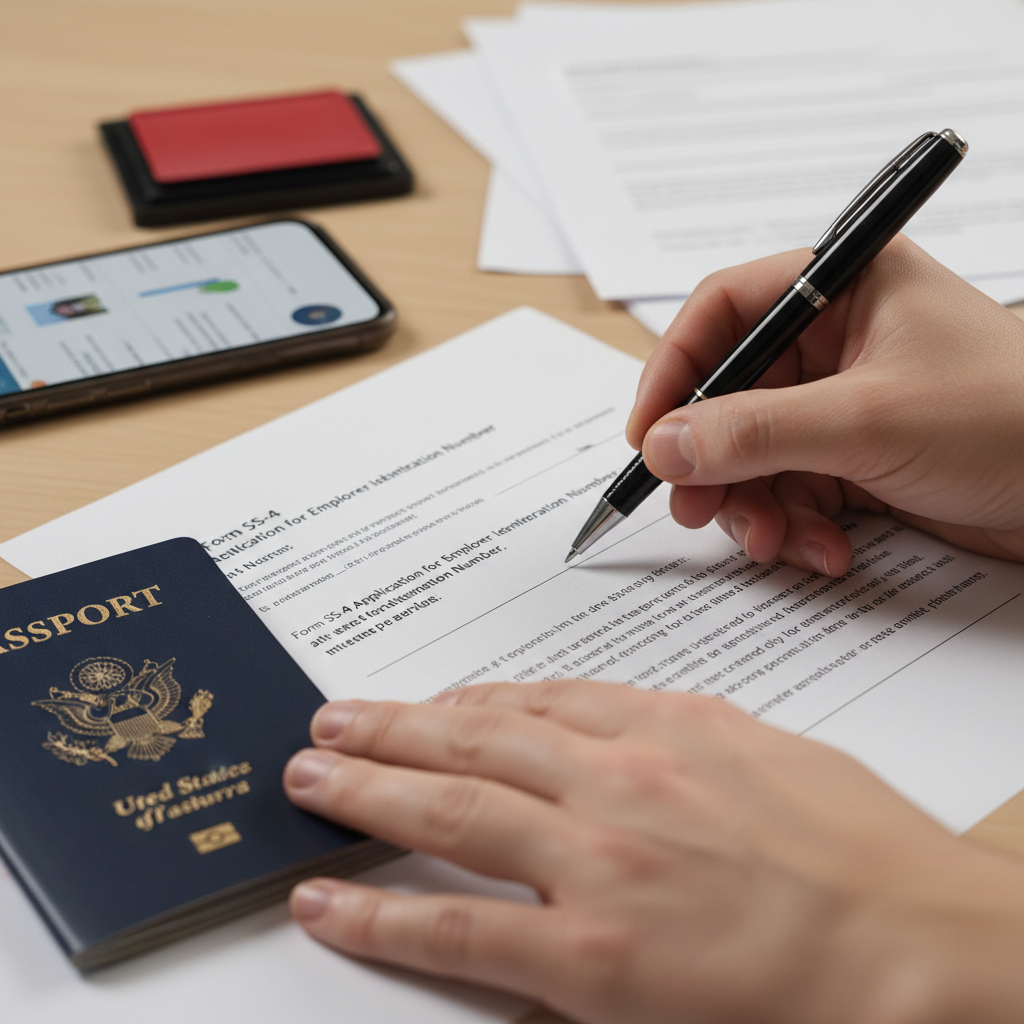 Close-up hands completing US LLC formation paperwork and EIN forms for Canadians with passport nearby