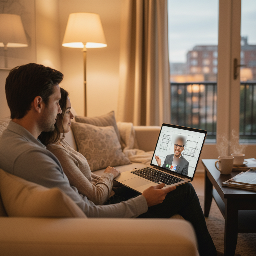 Homeowners video chatting with a professional about a property, illustrating real estate messaging tools in action
