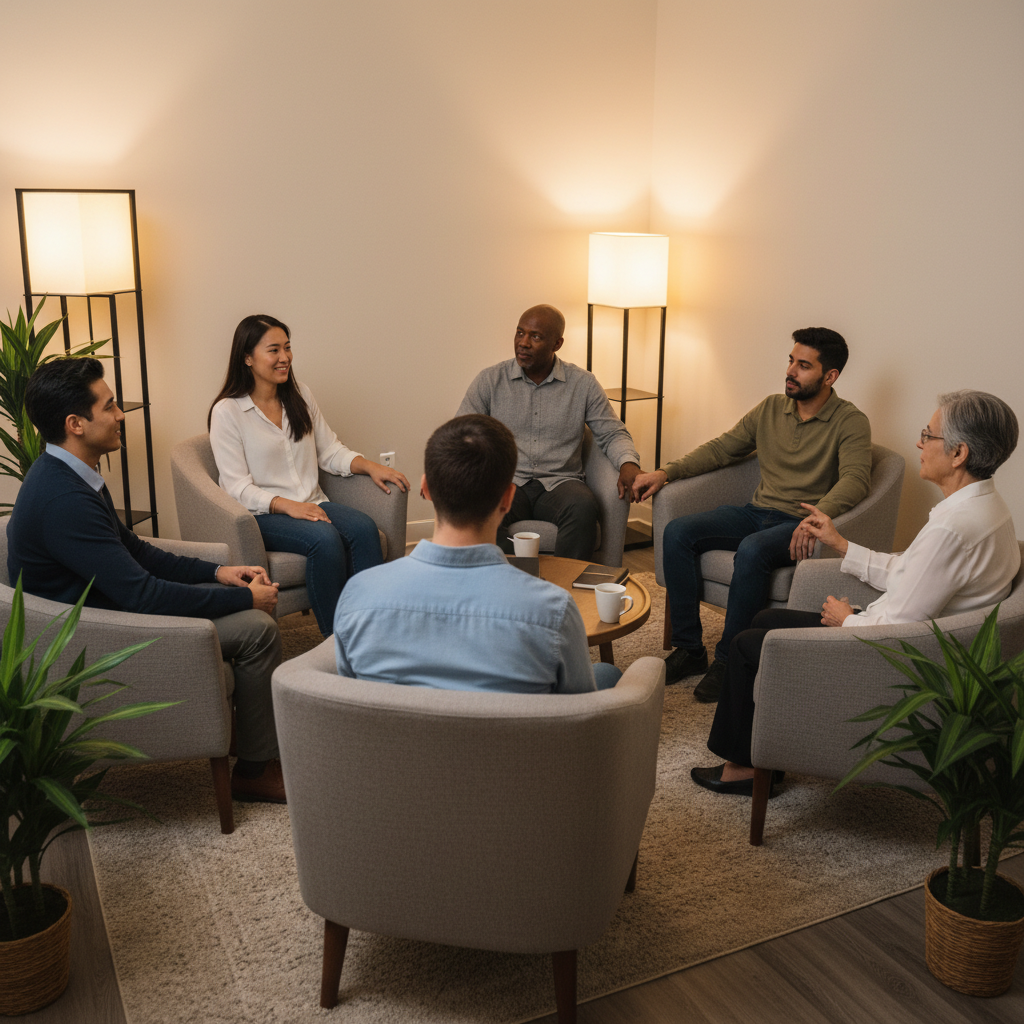 Support group session reinforcing a personalized treatment plan at an outpatient addiction clinic in Ontario