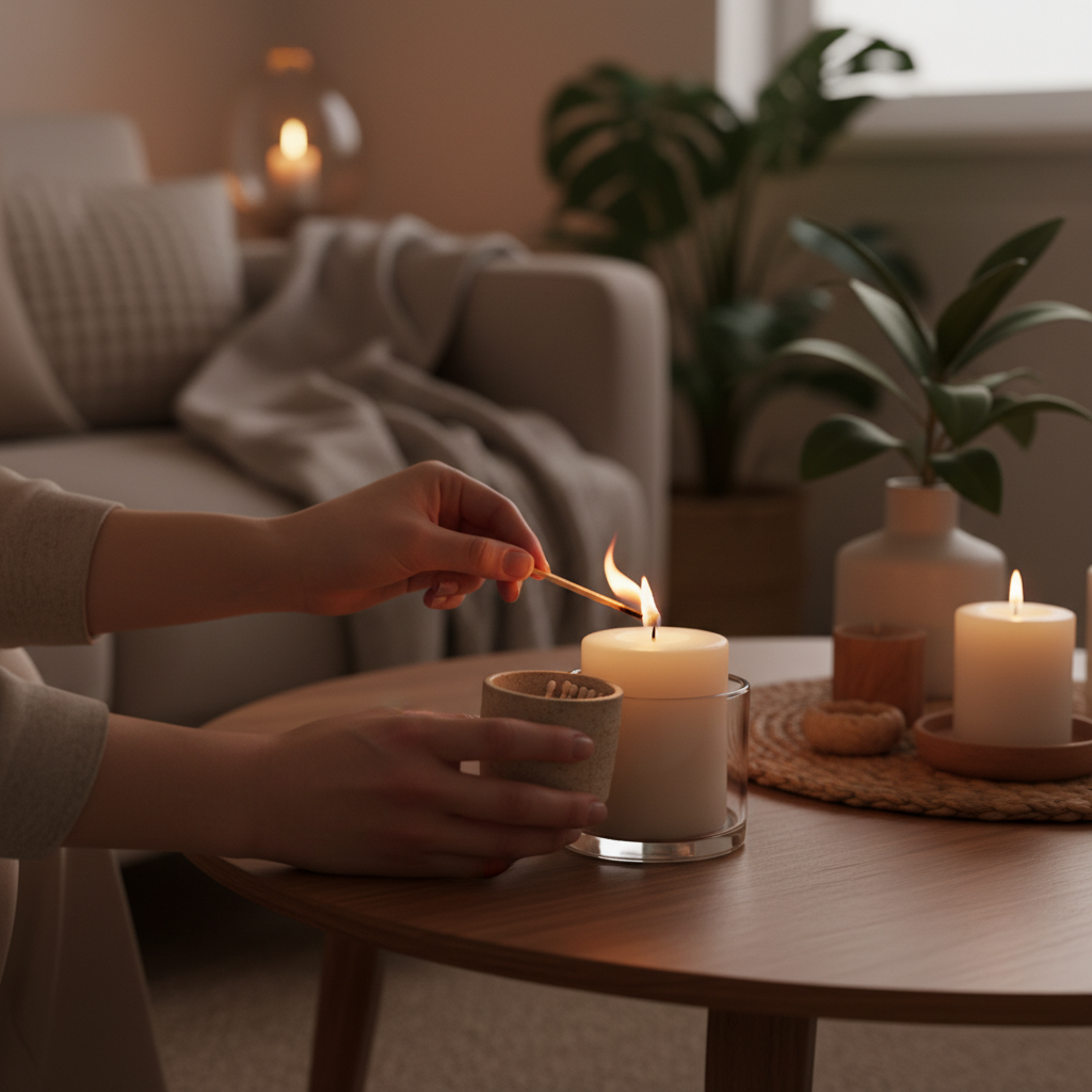 Lighting a clean-burning soy–coconut–apricot candle with a custom ceramic matchbox in a cozy living room