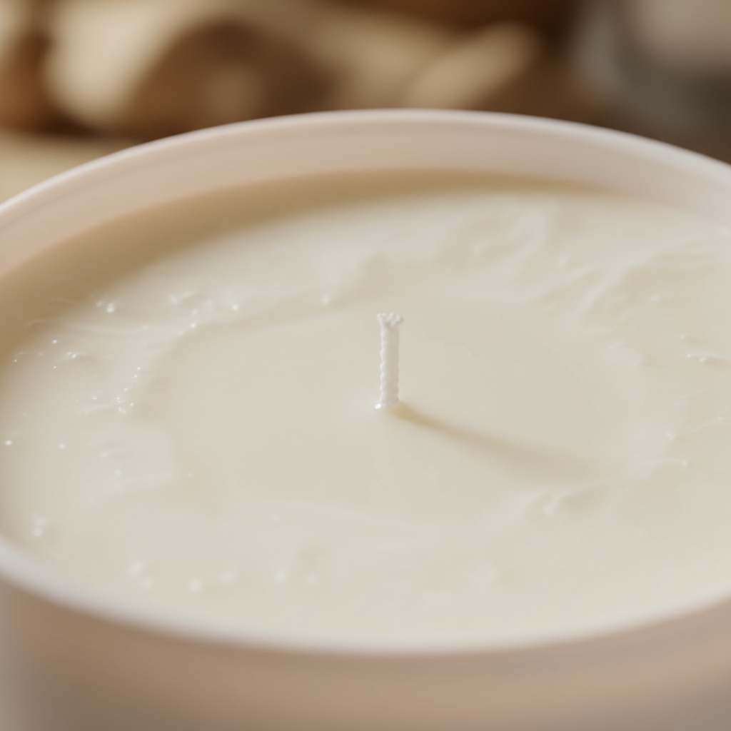 Close-up of smooth soy–coconut–apricot candle wax surface with trimmed wick for clean-burning performance