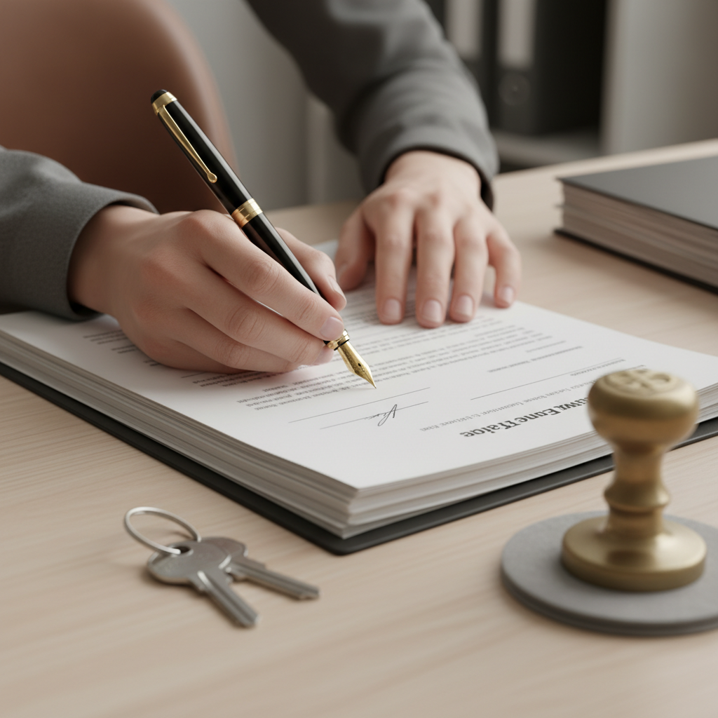 Close-up of hands signing real estate closing documents and keys on table — choosing a real estate lawyer for Ontario closings