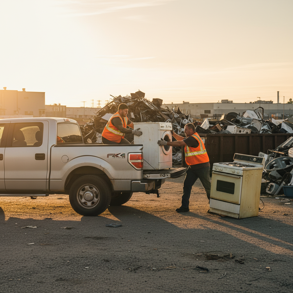 Pickup truck unloading appliances at an Etobicoke scrap yard drop-off area at golden hour with staff assisting