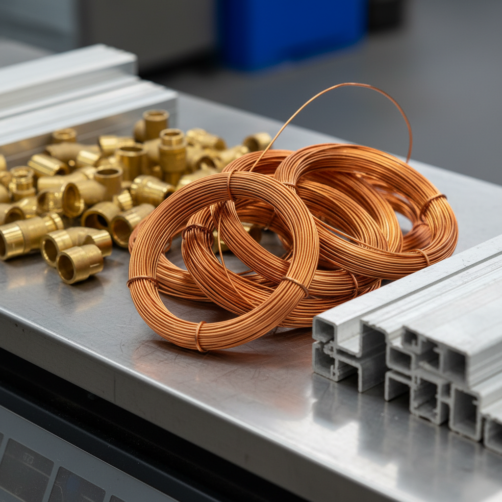Close-up of sorted non-ferrous metals at a metal junk yard: copper wire, brass fittings, aluminum extrusion prepared for recycling in Etobicoke
