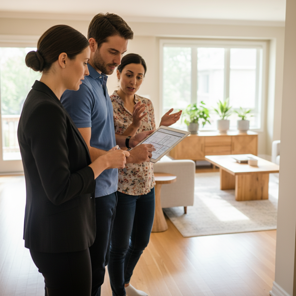 Realtor and clients walking through a bright Mississauga home discussing inspection findings with their legal and buying team