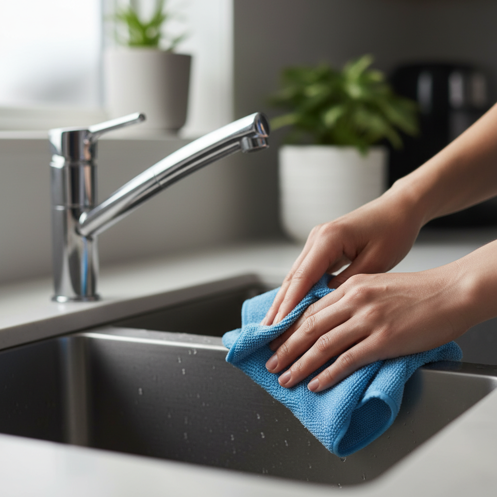 Close-up of cleaning stainless-steel faucet as part of listing preparation tips for sellers