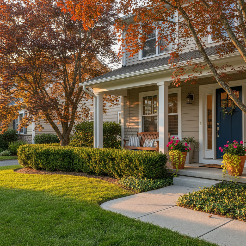 Curb appeal example for Brampton home sellers: trimmed hedges and tidy porch