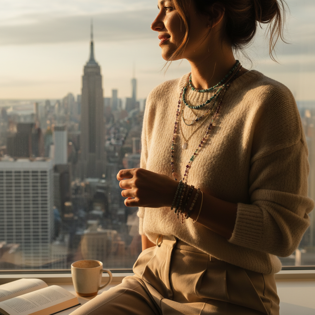 Layering gemstone necklaces and bracelets in New York with warm golden-hour light to evaluate color and styling together