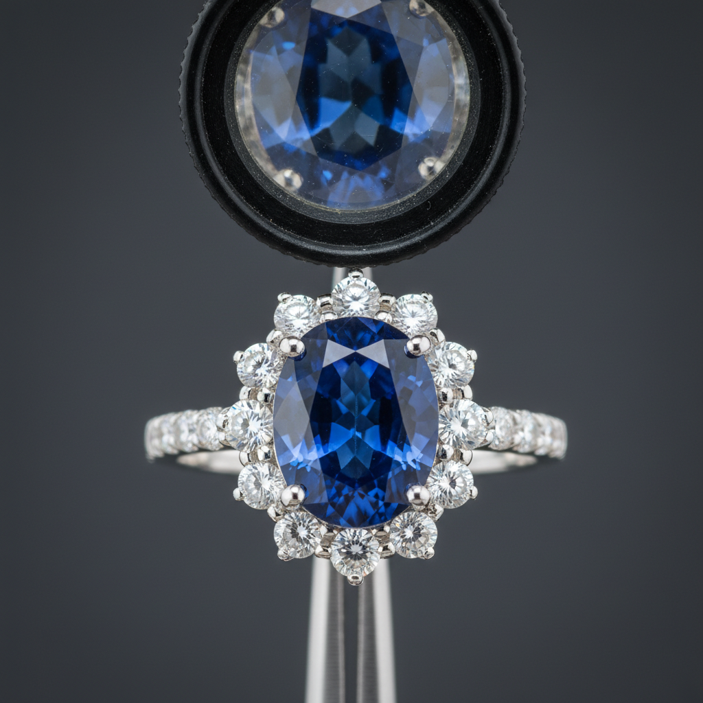Close-up of a sapphire halo ring inspected with tweezers and loupe for color, clarity, and cut quality per gemstone jewelry buying guide