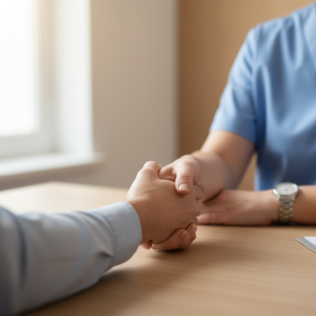Compassionate handshake at a community medical clinic intake, symbolizing judgment-free, fast access to addiction treatment in Ontario
