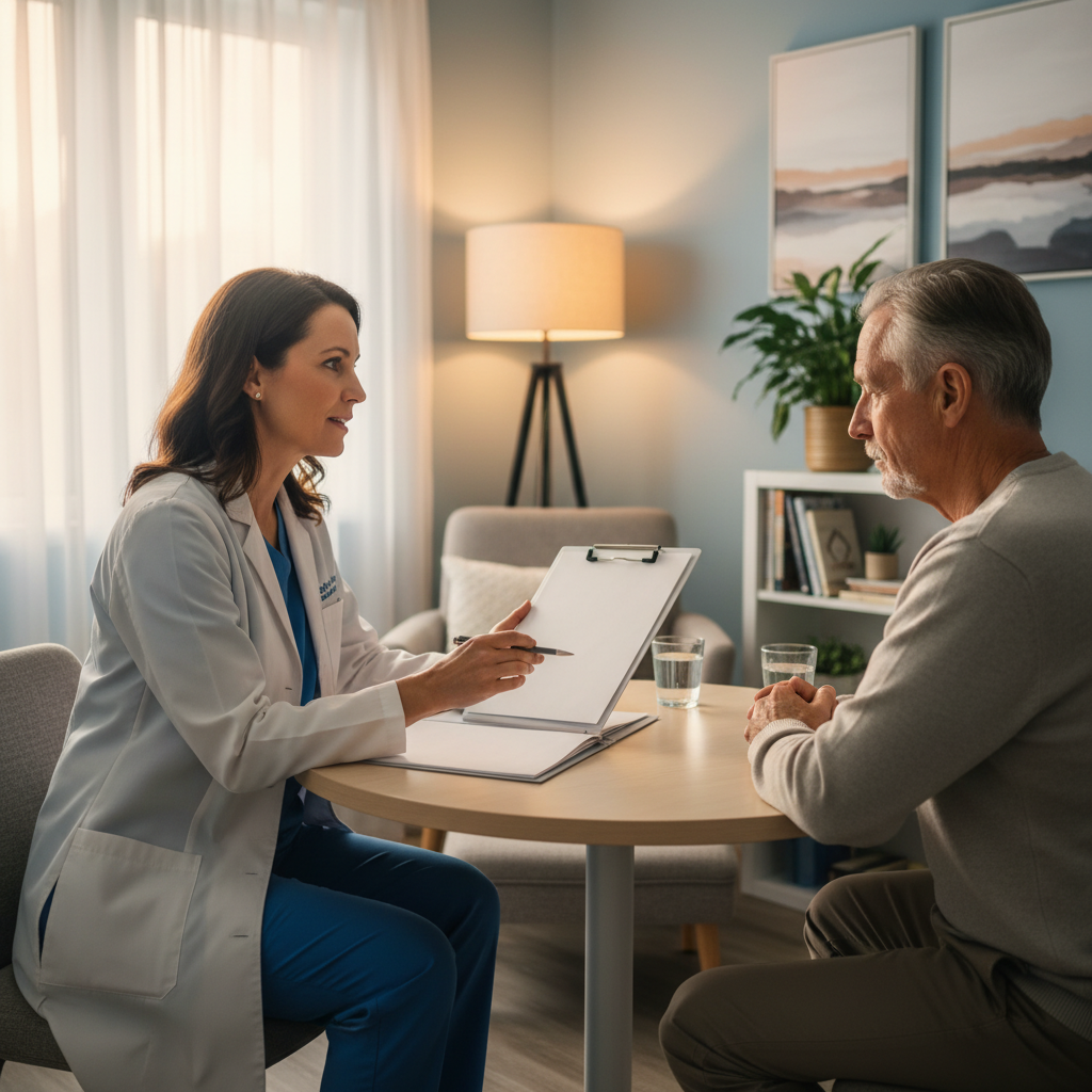 Private consultation room in a community medical clinic where a clinician and patient review a personalized addiction treatment plan and next steps