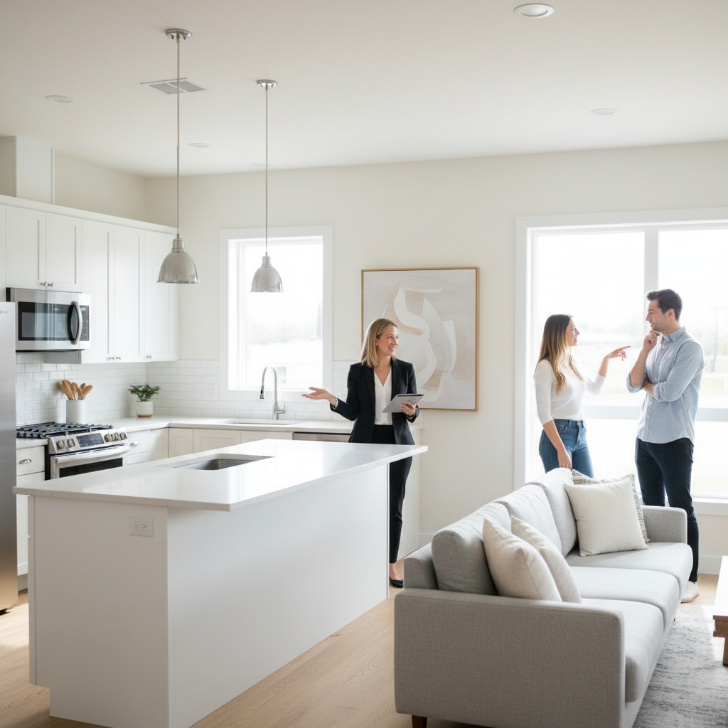 Agent leading a private tour at an open house in Brampton, evaluating kitchen and living room flow