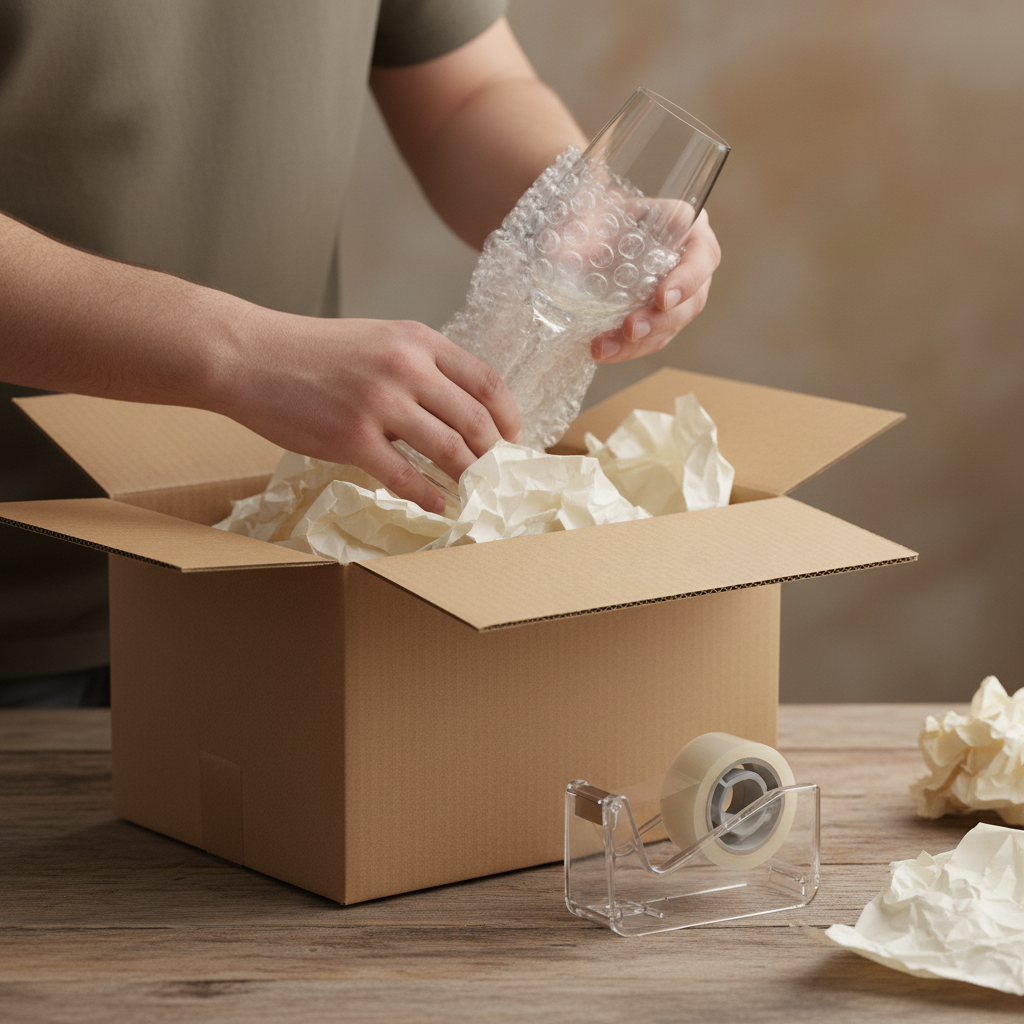 Close-up of professional packer wrapping fragile glassware with bubble wrap during a full service moving job in Dubai