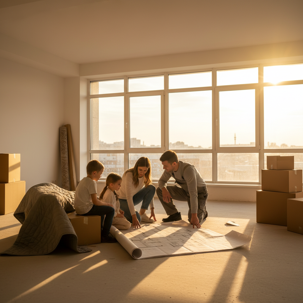 Family in Dubai reviewing a moving floor plan with a supervisor during a full service moving project, boxes staged for quick placement