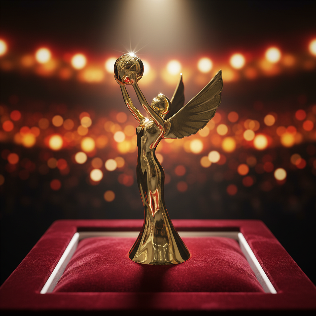 Close-up of a golden trophy under stage lights at an award ceremony venue in Mississauga