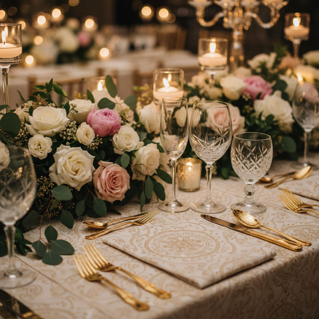 Close-up wedding tablescape with cohesive floral centerpiece, crystal glassware, and gold flatware demonstrating full-service planner design benefits