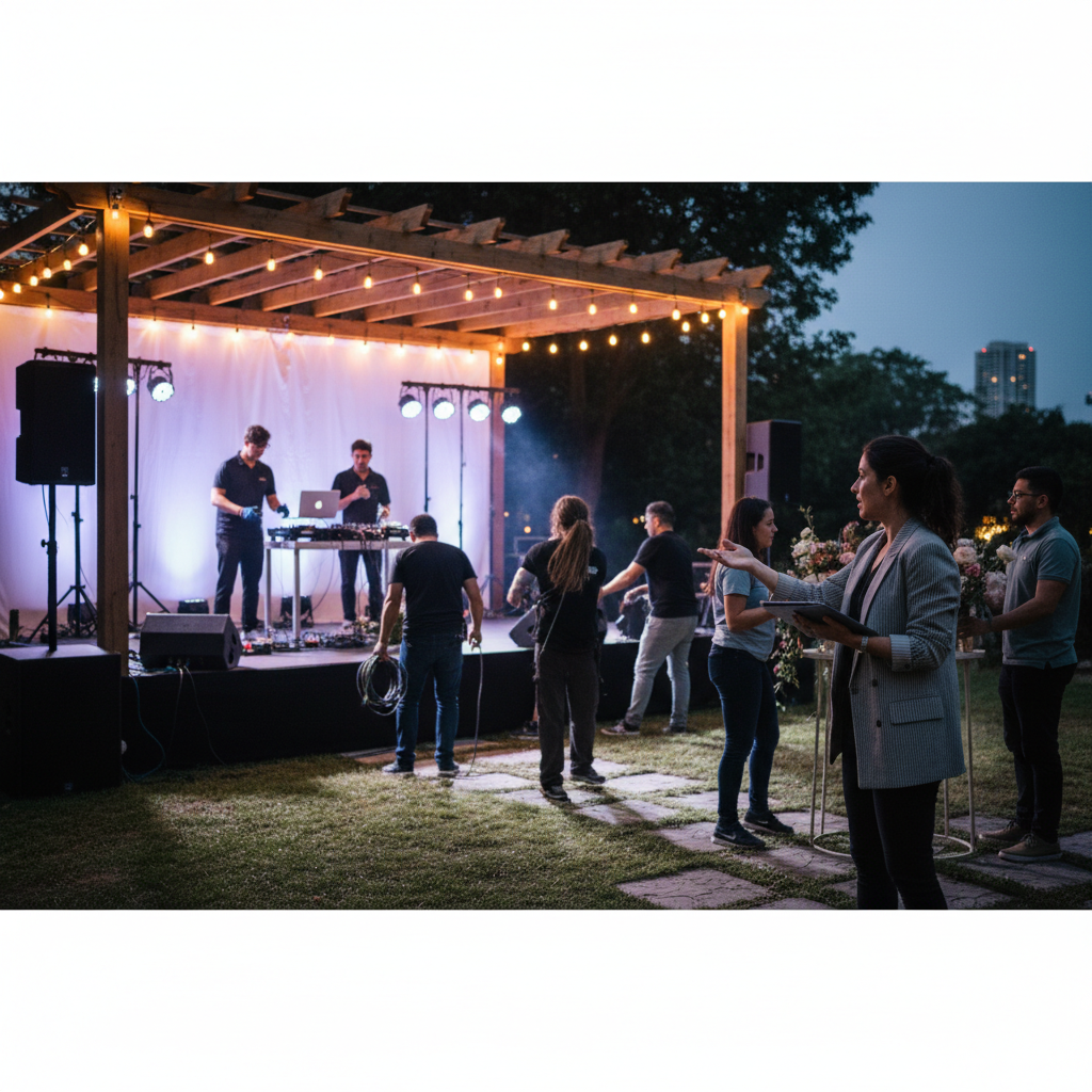 Planner coordinating production near a reception stage and DJ setup, illustrating full-service execution benefits on event day