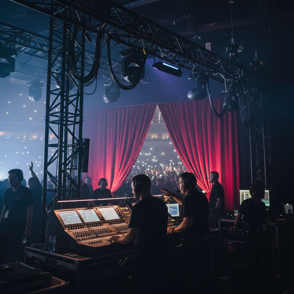 Backstage production team coordinating lighting and sound for an award ceremony venue in Mississauga